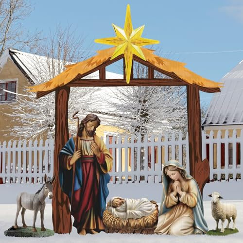 Kigley 6 st jul utomhus julprydnad set 2,0 m stor krubba jul gårdsskyltar födelse utomhus juldekorationer religiös helig Jesus födelse krubba scen tillbehör med insats för julgräsmatta