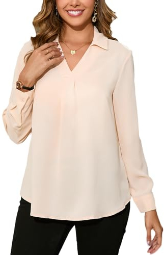 Dosieyeo Damblus, elegant V-ringad tunika med krage, långärmad flödande slip-blus, ledig, lättskött, skjortblus, Beige, L