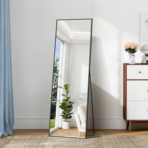 COFENY Specchio da Terra, 147 x 44 cm Specchio da Parete Grande con Cornice in Alluminio, Specchio da Terra da Appoggiare o Appendere per Soggiorno, Camera da letto, Soggiorno, Ingresso, Nero