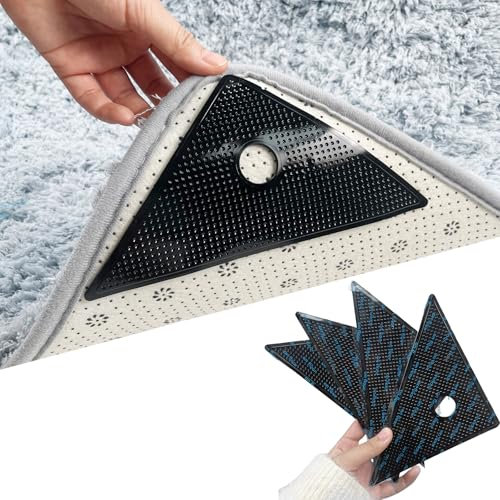Ysnzaq 4 Pieces Rug Grippers, Reusable Carpet Tape Washable Anti-Slip Rugs Tape Grip Carpet Rug Grippers Stickers for all Types and Sizes of Rugs-4 Pieces Black