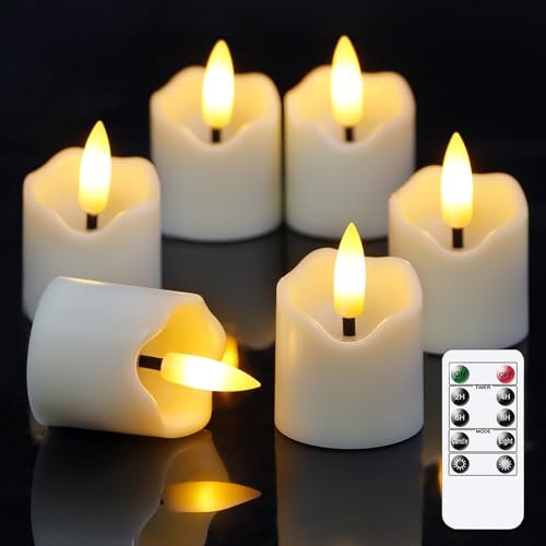 Wroxipel 6 Pack Battery Operated Auto Daily Timer Ivory Plastic Flameless Votive LED Candles, Long Runtime 4cm x6cm Flickering Tealight Candles with Remote Control