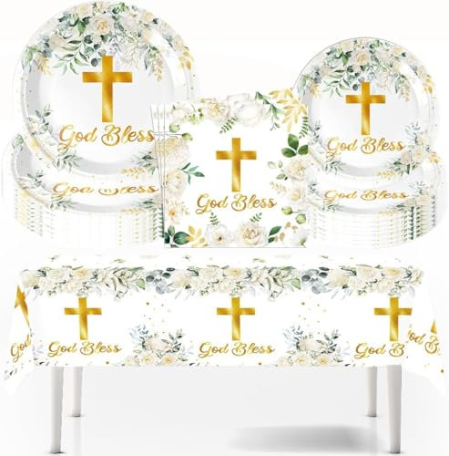 Vaisselle fête de Baptême communion,Set d'assiettes en papier pour anniversaire d'enfant, Décoration de fête à motif floral croisé,écoration de table pour baptême, confirmation, communion