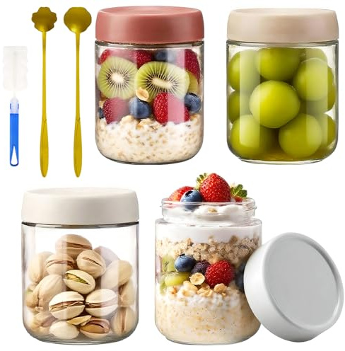 Priksia 4 Pack Glass Jars with Lid, Glass Overnight Oats Jar, Over Night Oats Containers with Lids Spoons for Cereals Milk Fruit Condiment Dressing Sauce Snacks Juice, Salad Jars for Meal Prep