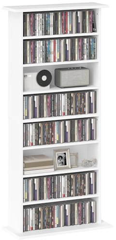 HOMCOM CD- und DVD-Aufbewahrung, Multimedia-Aufbewahrungsmöbel mit 8 Fächern und 6 verstellbaren Regalen, Kapazität max. 360 CDs/185 DVDs und Blu-ray, 58 x 24 x 124,5 cm, weiß