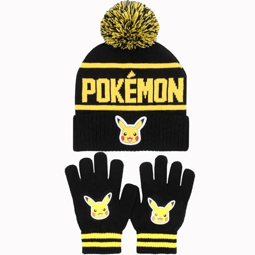 Pokemon Mütze und Handschuhe, Winterzubehör, warmes Strickset, Geschenk für Jungen, Pikachu, schwarz / gelb, Einheitsgröße