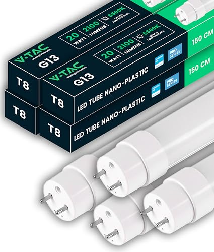 V-TAC 4x Tubes LED 150 CM - T8 G13-20W - 2100 Lumens - Chip Samsung - Tubes pour Plafond, Mur, Garage, Magasin - Tube LED forme T8 - Remplacement des Néons - Lumière Blanc Froid 6500K