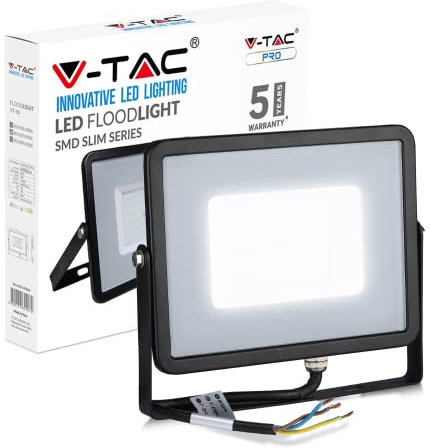 V-TAC 50W Waterproof Outdoor Security Floodlight with Samsung LED Black Body Grey Glass IP65 4000K Day White 4000 lumens, Die Cast Aluminium, 50 W