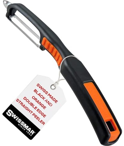 Swissmar Swiss Non-Slip Double Edge Straight Peeler - Easy-Grip Stainless Steel Peeler - Versatile Kitchen Tool, Ideal for Potato Peeler, Veggie Peeler & more - Black & Orange