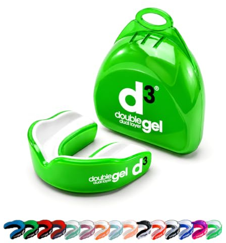 d3 Double Gel Mouthguard wth Case, Adults and Junior Gum Shield for Boxing, MMA, Contact Sports, Rugby, Martial Arts, Judo, Karate, Hockey (Green/White, Adult (12+))