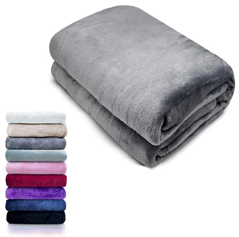 HTE Manta Microfibra para Cama Sofá y Sillón, Manta Polar Lisa de Tacto Suave Super Caliente para Adulto y Niño,Sin Arrugas (Gris, 130 x 160 cm)