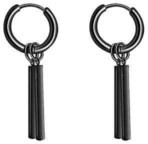 Minimalist Double Bar Small Hoop Short Dangle Drop Earrings for Men Women Stainless Steel Huggie Hinged Hoops Fashion Personalized Punk Geometric Line Stick (Black)