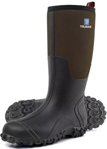 Trudave Rubber Boots for Men with Steel Shank, Waterproof Insulated Reliable Rain Boots for Outdoor Work Hunting, Warm Dry 5mm Neoprene Anti-slip All-Season Mud Boots, Size 5-14
