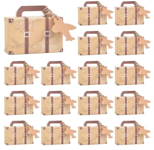 Wisebom Vintage Mini Koffer Geschenkbox Set, 50 Stück Kraftpapier Geschenkbox Schokolade Kartonagen mit Tags und Sackleinen Schnur für Hochzeit Geburtstag Party Taufe(8.3 * 5.5 * 3cm)
