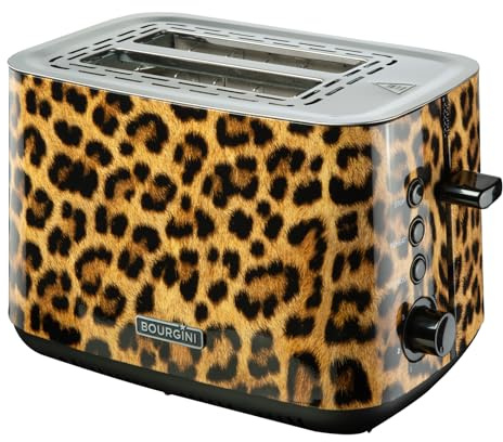 Bourgini Panther Toaster - Stilvoller Brotröster mit Panther-Print, 2 Scheiben, Extra breite Schlitze, Einstellbarer Bräunungsgrad, Auftau- und Aufwärmfunktion, Herausnehmbare Krümelschublade für einf