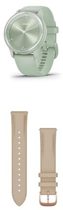 Garmin vívomove Sport, Hybrid Smartwatch with up to 5 days battery life, Cool Mint & Quick Release Band (20 mm) - Light Sand with 18K Rose Gold