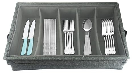 Portaposate per posate, forchette e cucchiai, contenitore per posate, coperchio rimovibile, 2 manici, scatola multiuso, 4 divisori regolabili, grande contenitore