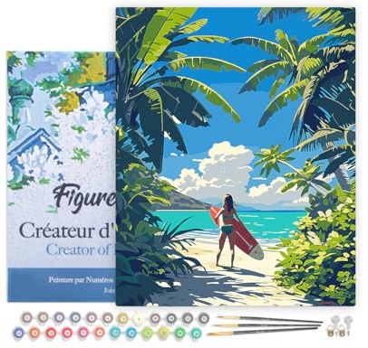 Figured'Art Peinture par Numéro Adulte avec Cadre Paradis tropical du surf - Activité Manuelle Kit de Loisir Créatif DIY Numéro d'Art Complet - 40x50cm toile tendue sur châssis
