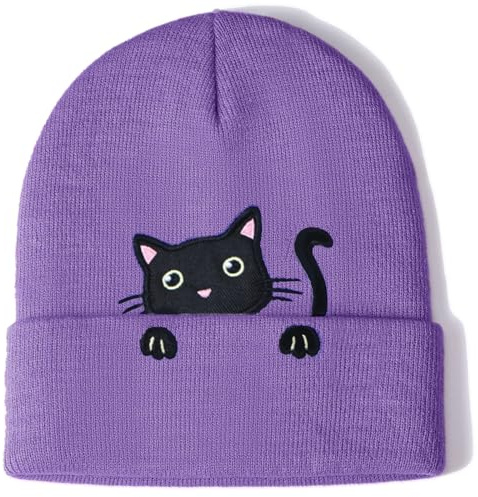Womens Cat Beanie Cute Cat Lover Gifts Animal Knitted Hats for Women Girls Purple