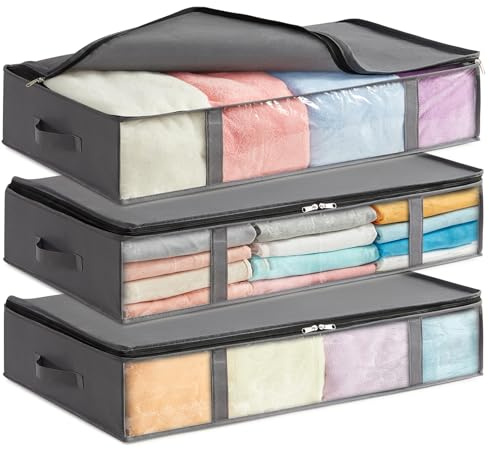 Lifewit Contenitori Sottoletto, Scatole Vestiti con Finestra Frontale Trasparente, Organizer per Armadi e Contenitori per Asciugamani, Vestiti, Coperte, Grigio, 65 L, 3 Pezzi