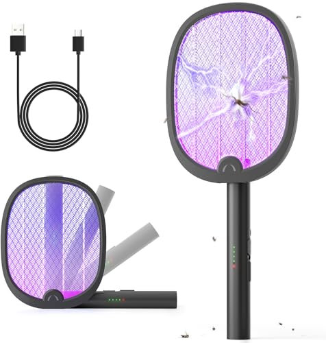 YISSVIC Electric Fly Swatter Foldable Fly Zapper Killer 4000V Mosquito Bug Zapper Racket 1800mAh Rechargeable with USB-C Cable for Indoor Home Outdoor Black