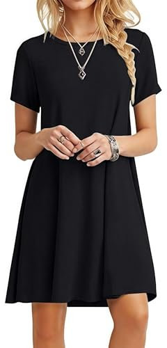 Zeagoo Black Summer Dresses for Women Knee Length T Shirt Dresses with Pockets Short Sleeve Round Neck Casual Dresses Size S