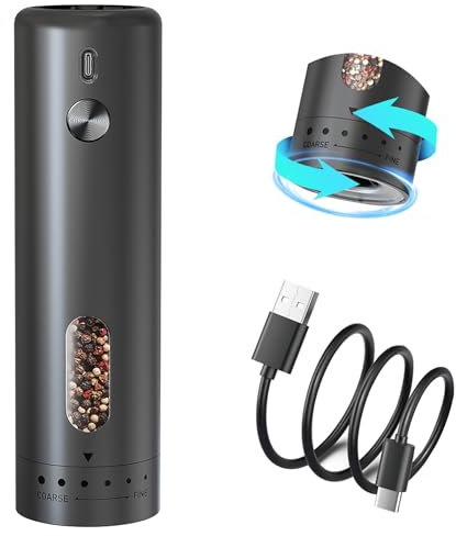 Moulin à sel et à poivre électrique, Moulin a Poivre Electrique Grande Capacité de 110 ml, Réglage par Engrenage Externe à 5 Niveaux avec Brosse et Fenêtre Visuelle