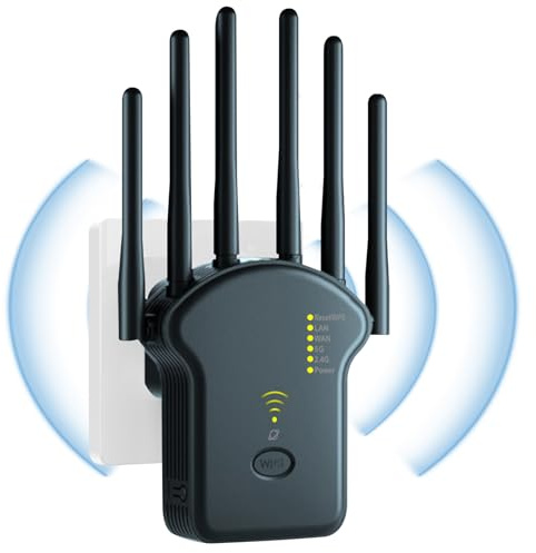 Ripetitore WiFi Potente per Casa 1200Mbps 6 Antenne Amplificatore Wifi,5GHz & 2,4GHz Dual Band WiFi Extender Supporta Modalità Ripetitore/Router/AP, Ripetitori con WPS, Porta Ethernet (Nero)