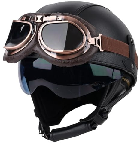 Retro Motorrad Halbhelme Leder Halbschalenhelm JetHelm Deutscher Stil Roller Cruiser Chopper Anti-Collision Helm Damen Herren mit Visier ECE Zertifiziert Roller-Helm Scooter Mofa-Helm A,M=57-58CM