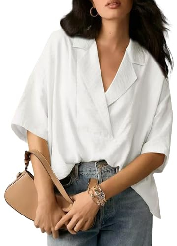 UoQo Blusa elegante para mujer, manga 3/4, seda fresca, tallas grandes, modernas, solapas, para verano, ocio, trabajo, playa, tops, Color blanco., M