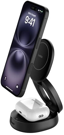 Belkin 2-in-1 Convertible Wireless Charging Station, Wireless Portable Charger 15W, MagSafe-Compatible Qi2 Charger for iPhone 17, Air, AirPods with Weighted Non-Slip Base, 30W Charger Included - Black
