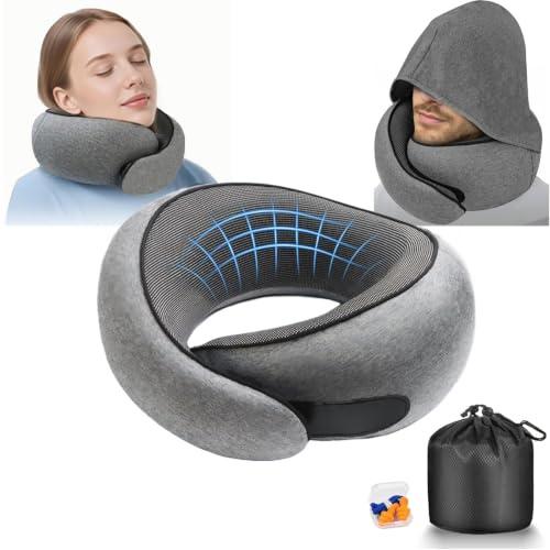 Travel Pillow, Neck Pillow for Airplane with Hood Long Flights Travel Essentials Comfort 360° Memory Foam Support Washable Cover Head & Neck Relief for Cars,Train& Office Sleeping & Rest (Dark Grey)