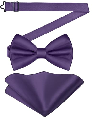 URAQT Men's Bow Tie Set, Classic Solid Color Pre-Tied Bow Tie and Pocket Square Set for Men, Satin Tux Bowtie & Handkerchief, Adjustable Formal Neck Bowtie for Parties, Wedding,Dark Purple