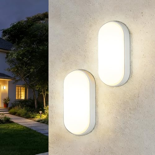 ANWIO Applique da Esterno Bianco, Luci da Esterno 14w, 1400lm, Luce Bianca Naturale 4000k, IP54, Lampada da Parete Ovale, Plafoniera LED Parete per Balcone, Scale, Corridoio, Garage, bagno, 2 Unità