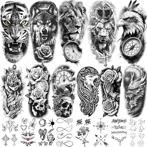 92 Sheets Temporary Tattoo, 17 Sheets Half Arm Lion Wolf Tiger Dragon Butterfly Rose Fake Tattoos for Women Men, 75 Sheets Realistic Tiny Tattoos Stickers for Adult Body Chest Neck Hand