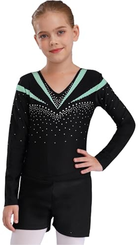 Raenseen Traje De Gimnasia De Manga Larga Con Cristales Brillantes Para Niñas Traje De Baile De Ballet De Yoga Unitard Biketard Con Shorts Para Niños Verde claro 13-14 años