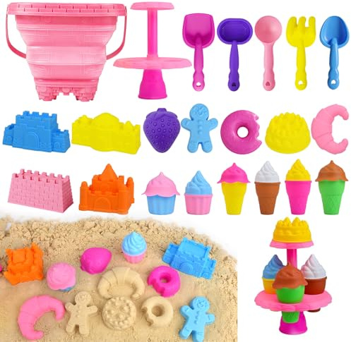 31 Stück Sandspielzeug Kinder, Strandspielzeug Kinder Spielstabil mit Sandschaufel, Faltbares Eimer, Sandformen, Netzbeutel Strand ,Eiscreme-Spielset DIY-Kleinkindspielzeug für Mädchen Junge Kinder