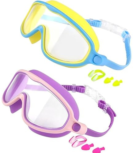 Tsophreniq 2 occhiali da nuoto per bambini, a prova di perdite, con tappi per le orecchie, clip per il naso, per ragazzi e ragazze, occhialini da nuoto per bambini