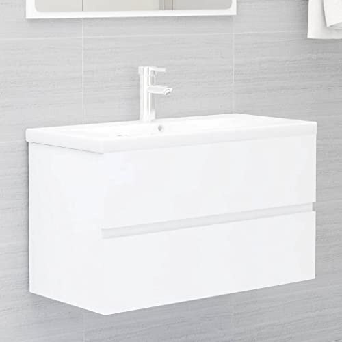 Runheo Tvättställsskåp, vit av trämaterial med infällt handfat av keramik, 81 x 39 x 18 cm, 1 låda och push-open, avloppsarmatur, utrymmesbesparande för badrum, gäster, toalett, tvättplats