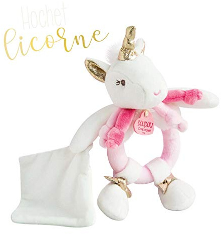 DOUDOU ET COMPAGNIE - Doudou Hochet Bébé Licorne avec Doudou Mouchoir - 17 cm - Blanc/Rose - Collection Lucie La Licorne - Avec Jolie Boîte Cadeau à Offrir - Idée Cadeau Naissance Bébé - DC3310