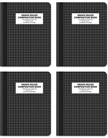 Better Office Products Quad Ruled Composition Book Notebook, 4 Pack, Hardcover 4x4 Graph Ruled Paper, 80 Sheets, 9.75 x 7.5, Black Cover, 4 Pack