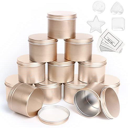HOTOOLME Candle Jars Empty Containers Candle Tins Round Aluminium for Wax Melt Making Kit DIY Storage 12 Pack with 4 Plastic Candle Making Cup (Gold)