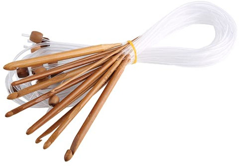 Afghan Crochet Hooks, 12pcs Carbonized BambooTunisian Crochet Hooks High Flexibility Plastic Cable for12 Different Sizes