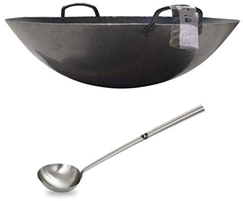 WRMIGN - Wok in ghisa, padella tradizionale Wok, pentola in ghisa grezza, grande wok antiaderente non rivestito, con cucchiaio da cucina, 60 cm