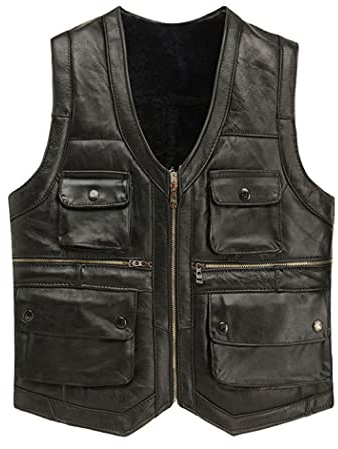 DSDFSVEW Mens Luxury Full Sheepskin Leather Gilet, Motorcycle Vest For Men, Winter Black Brown Leather Jacket With Pockets