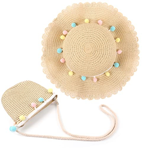 MAMUNU Girls Sun Hat and Mini Cross Body Bag Sets, Summer Beach Straw Hat and Mini Purse Set, Flower Straw Hat for Kids Girls Holiday Outdoor Activities Travel Beige