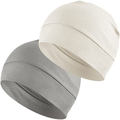 100% Cotton Skull Caps Beanie Sleeping Hats for Men Women 2-Pack Grey