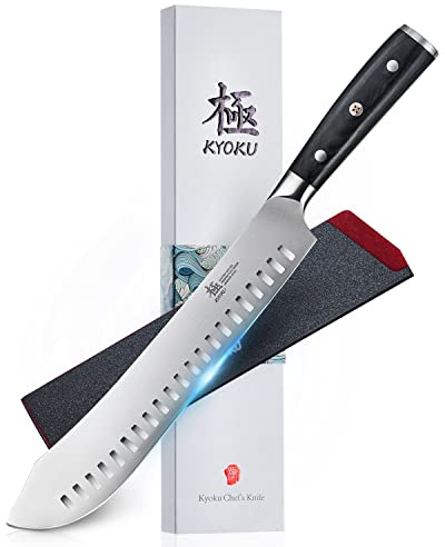 KYOKU 10 Bullnose Butcher Knife, Samurai Series Butcher Knife for Meat Cutting Chopping with Pakkawood Handle, Japanese Style High Carbon Steel Kitchen Knife for Professional Chef with Sheath & Case