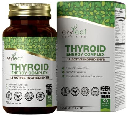 Ezyleaf Schilddrüsenkomplex | L Tyrosin L Phenylalanine Jod Tabletten | Mit Ashwagandha, Jod, Zink, Kelp, Seemoos, Potassium Iodide, Guggul-Extrakt und Selen | 90 L-Tyrosin Kapseln | ISO-zertifiziert
