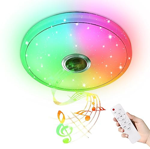 UISEBRT - Lámpara de techo LED regulable (48 W, con altavoz Bluetooth, luz inteligente RGB con mando a distancia y control de aplicación, lámpara de techo con cambio de color para sala de estar
