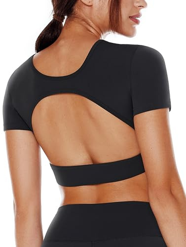 ENERBLOOM Open Back Workout Crop Tops for Women Backless Yoga Shirts Gym Short Sleeve Mild Support Compression Tee with Bra Medium Black